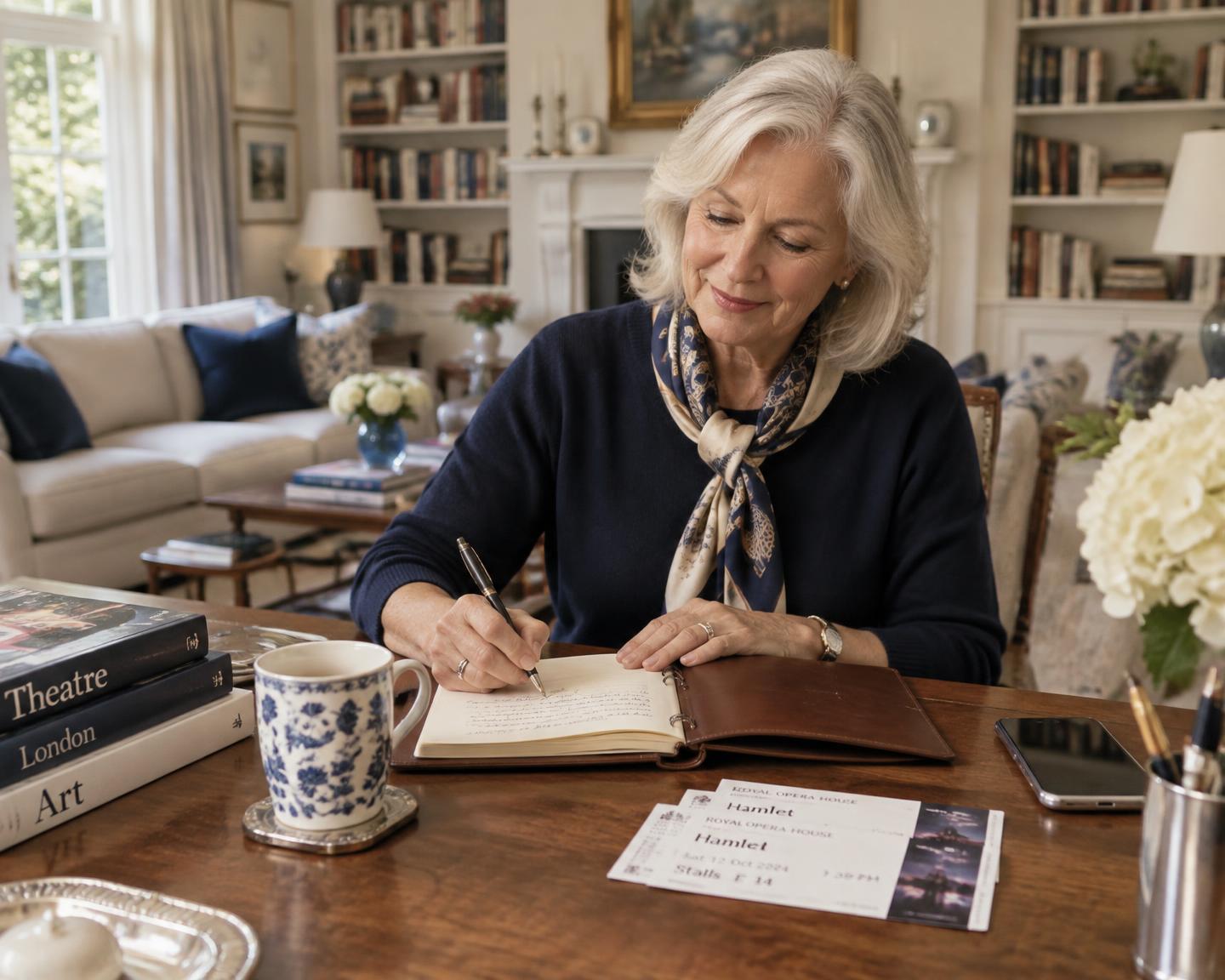A woman writing plans in a leather diary beside theatre tickets in her living room
