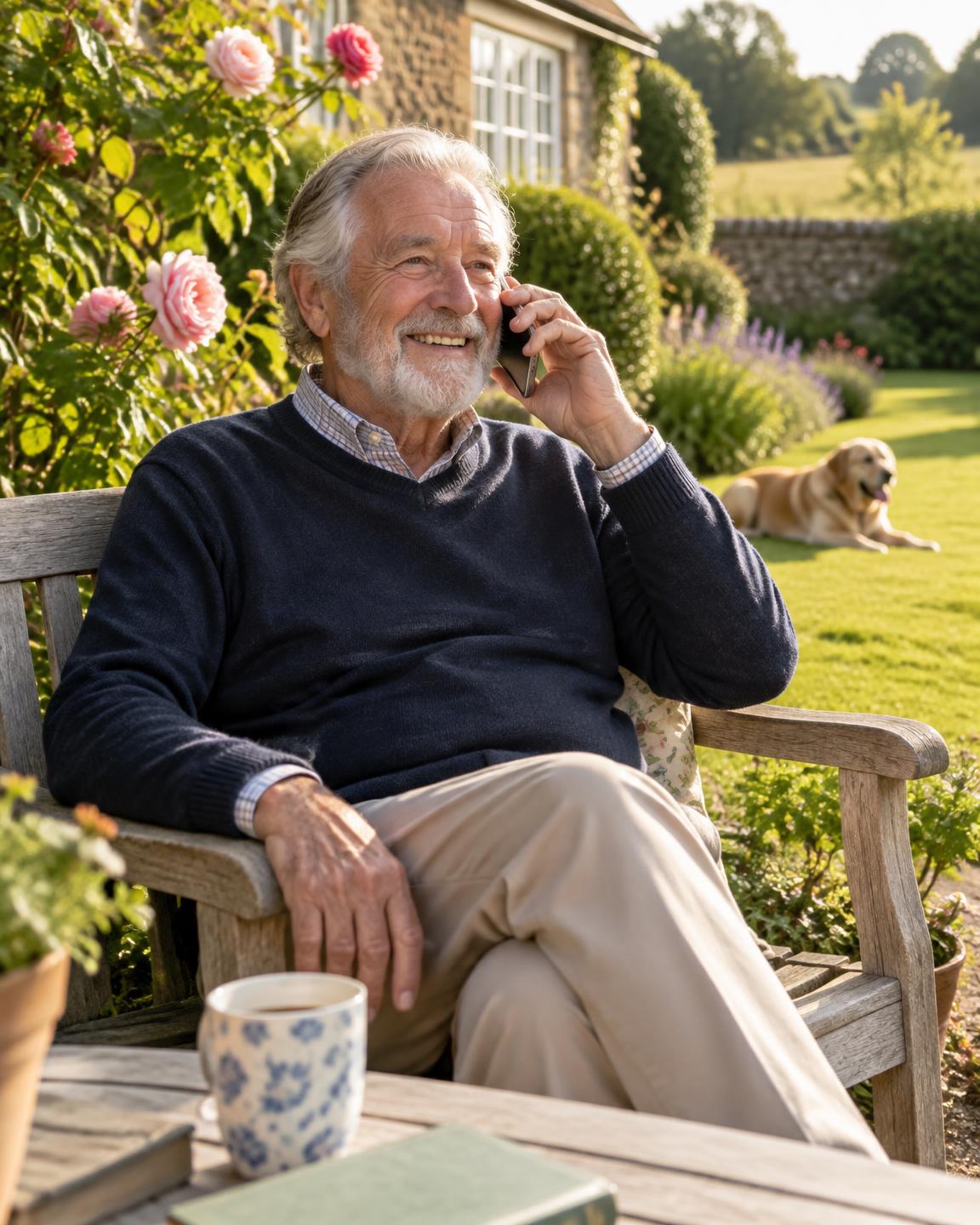 A smiling older man chatting on his phone on a bench in a sunny English garden